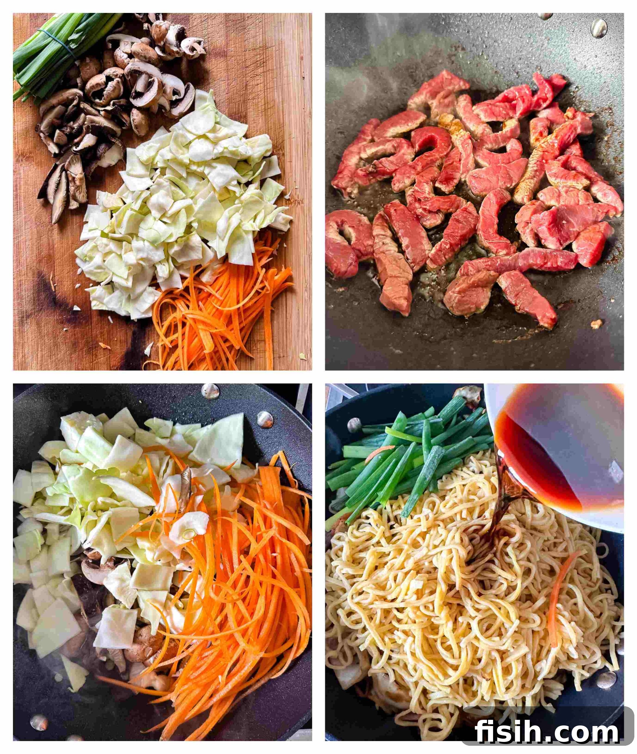 step-by-step process images for making beef yakisoba