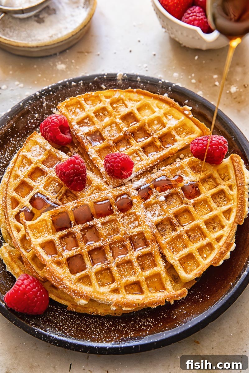 Golden Belgian waffles generously drizzled with rich maple syrup, adorned with vibrant fresh raspberries, ready to be enjoyed.