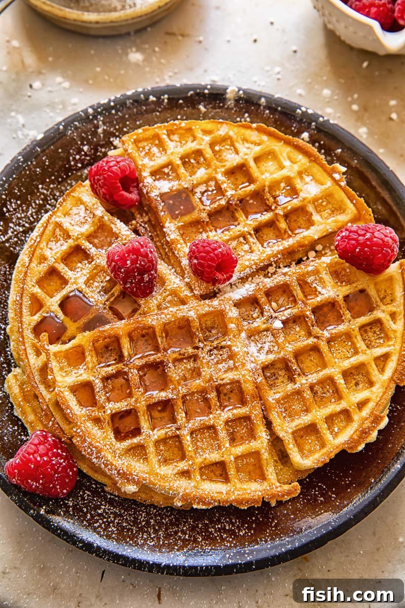 Top-down view of beautifully arranged round Belgian waffles, dusted with powdered sugar and garnished with fresh raspberries on a rustic brown plate.