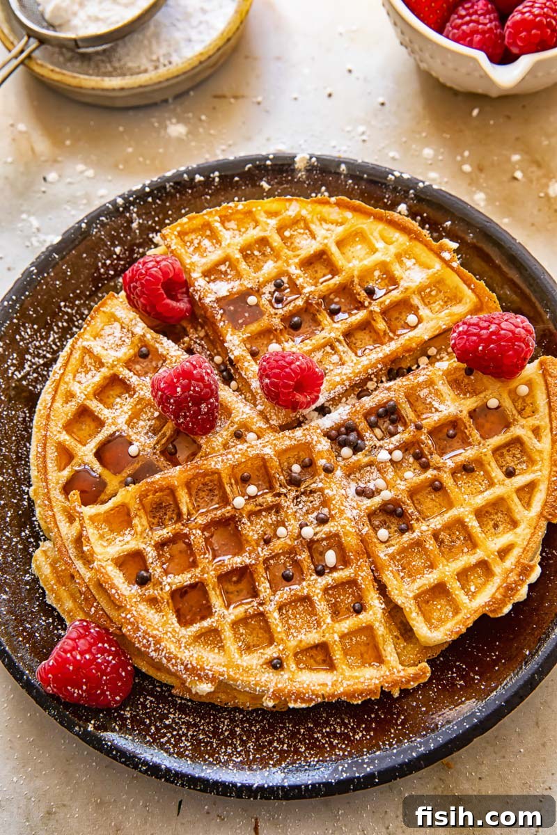 A delightful arrangement of round Belgian waffles, generously topped with fresh raspberries, a dusting of icing sugar, and a scattering of colorful sprinkles.