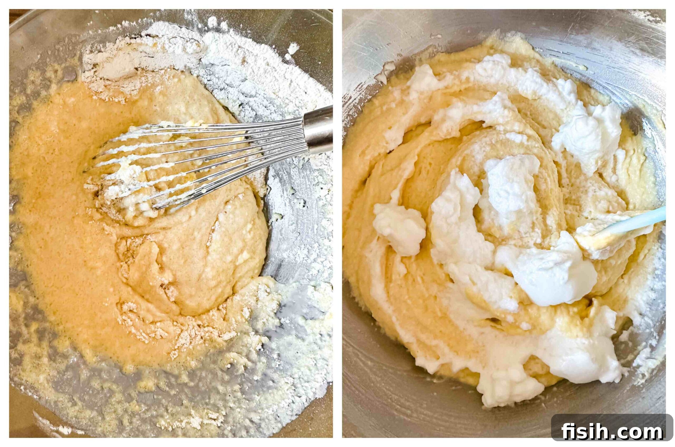 A visual guide showing two key stages of waffle batter preparation: wet ingredients being mixed and dry ingredients combined, essential steps for perfect Belgian waffles.