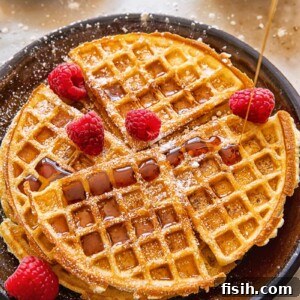Rich maple syrup being delicately drizzled over fresh Belgian waffles topped with vibrant raspberries, capturing a moment of pure culinary delight.