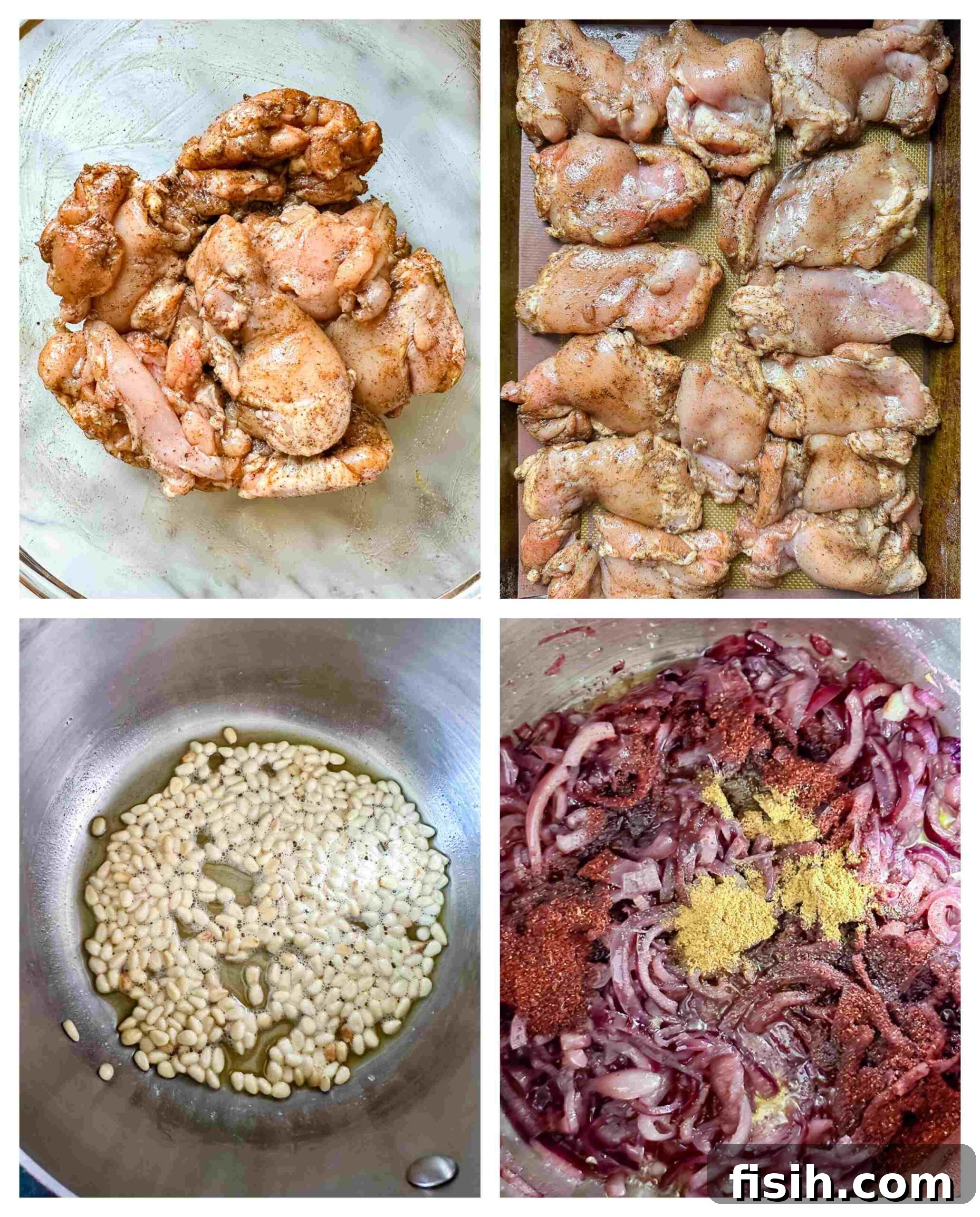 Detailed process images for making Chicken Musakhan, showing marinated chicken, sliced onions, and toasted pine nuts.