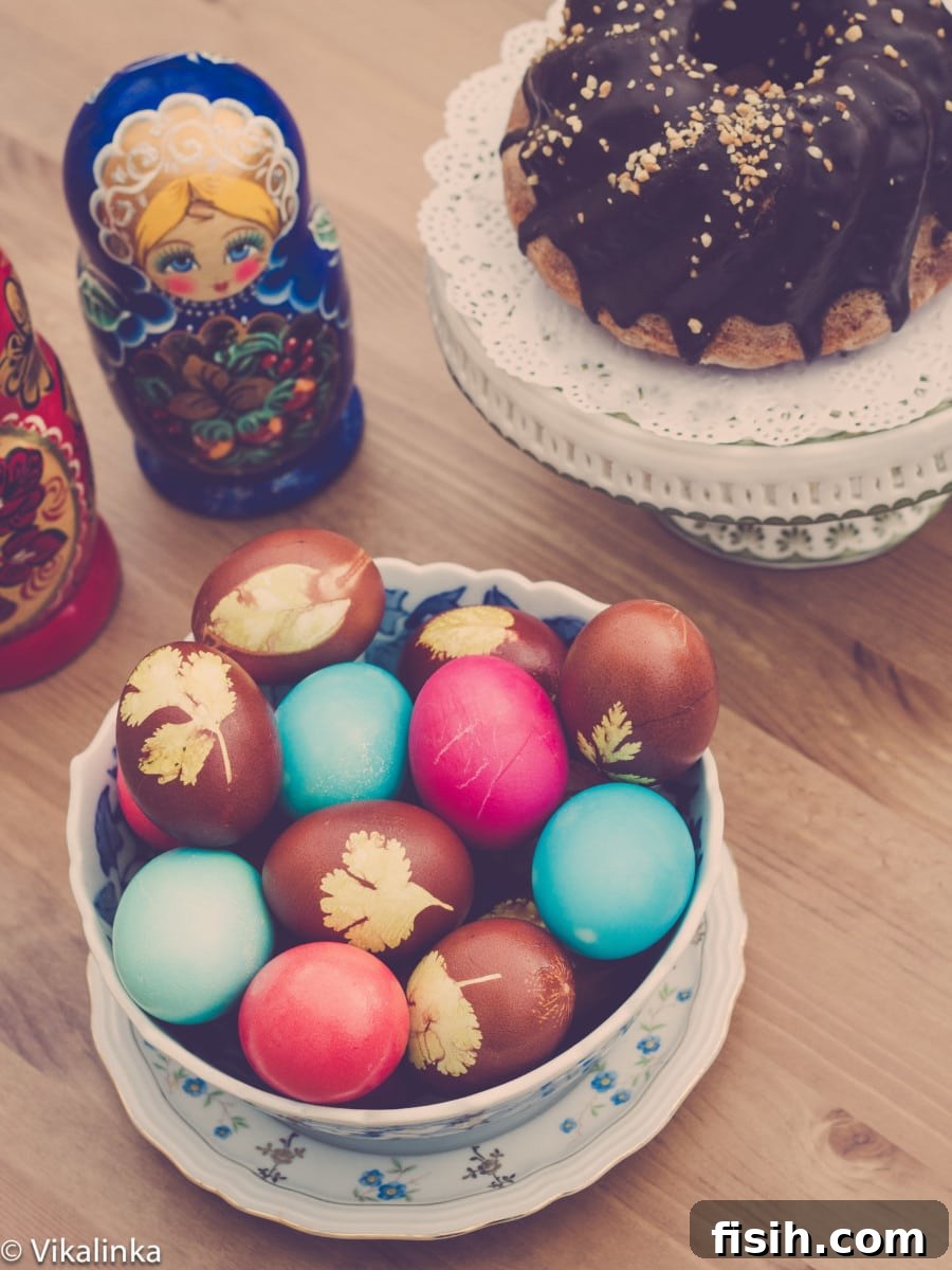 Earth-Dyed Easter Eggs 3 Naturally dyed Easter eggs with leaf patterns, a Russian tradition.