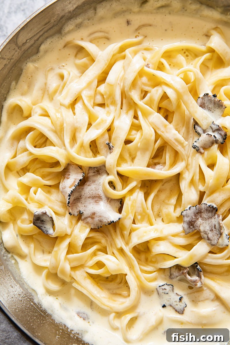 Creamy Truffle Tagliatelle 3 Close up of tagliatelle with truffle sauce in a pan