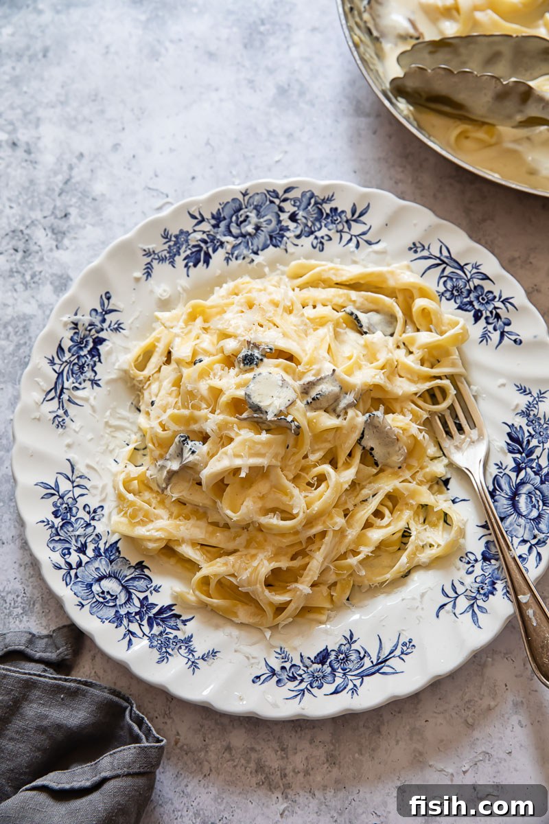 Creamy Truffle Tagliatelle 6 top down view of plate of creamy pasta