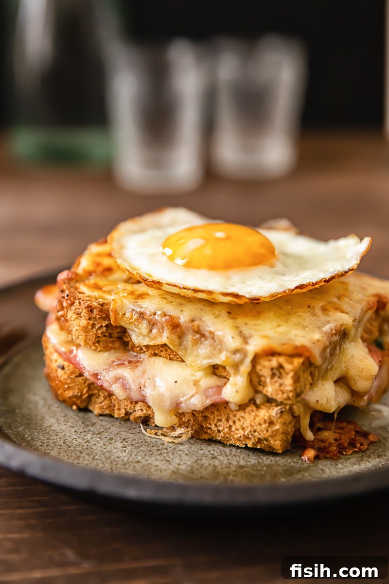 Side view of croque madame sandwich with egg on top on a plate