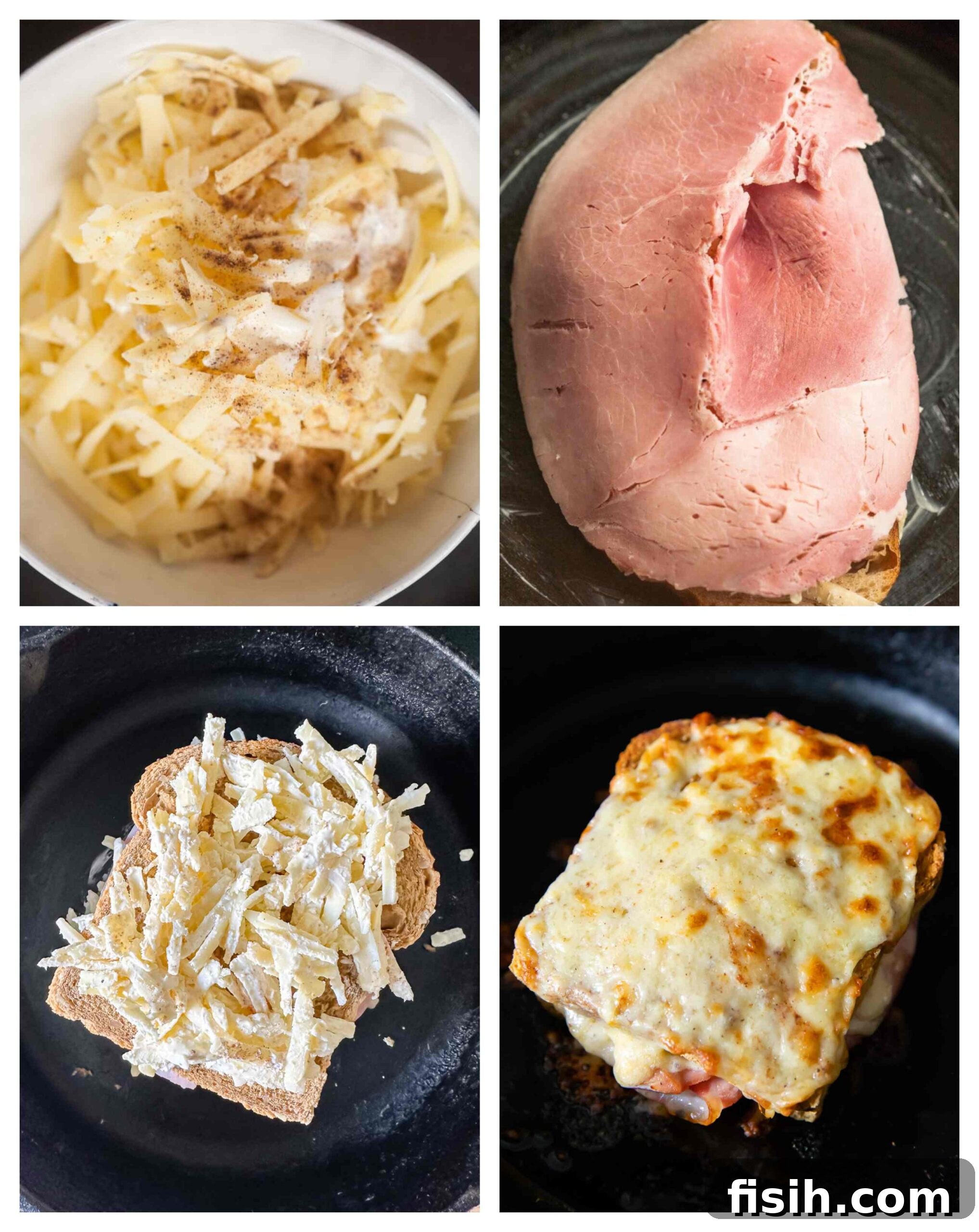 Process shot of croque madame sandwich being assembled