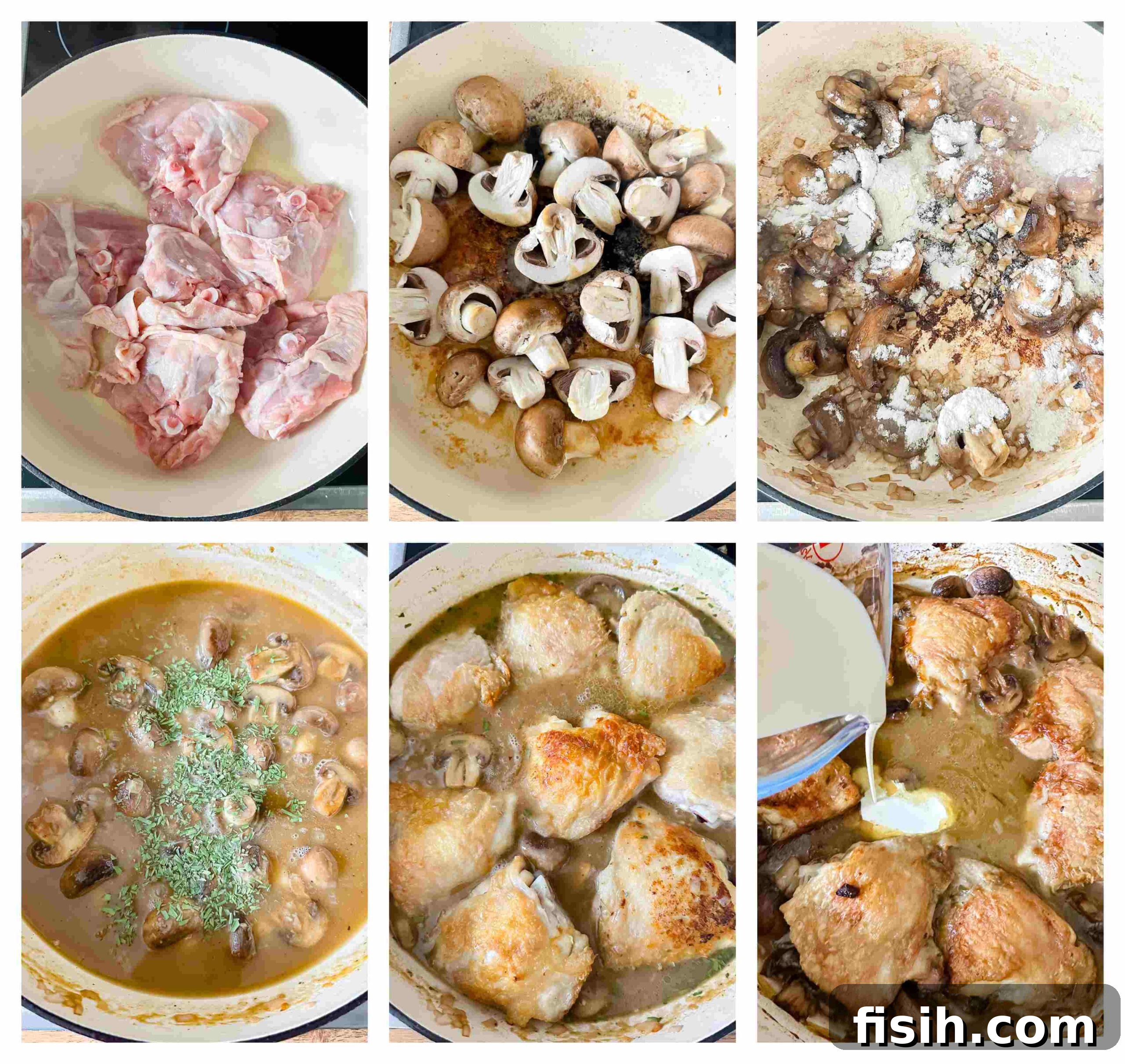 Process shot of chicken in a bowl being turned into chicken fricassee