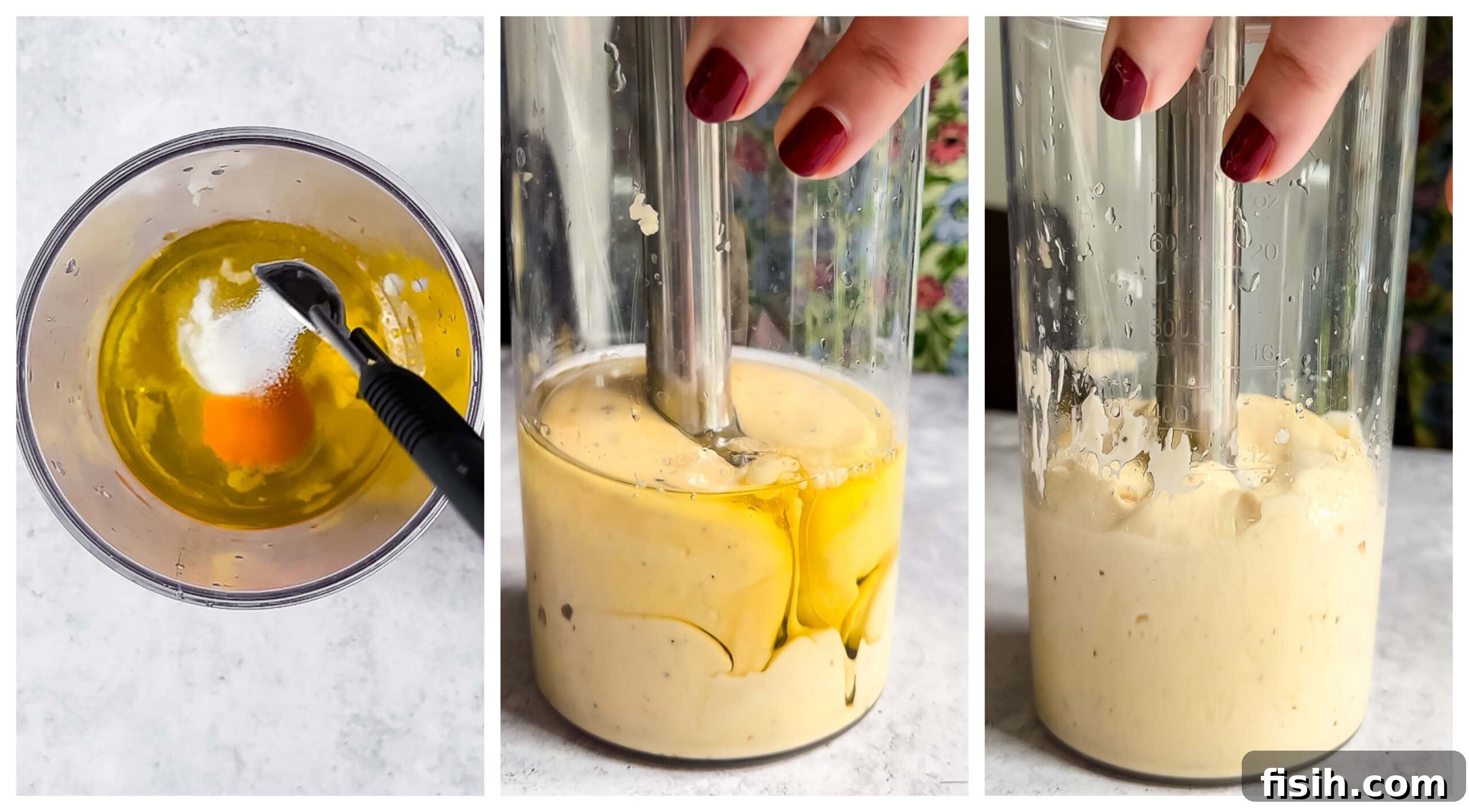 Process shot of truffle aioli ingredients being blended together with an immersion blender in a tall container.