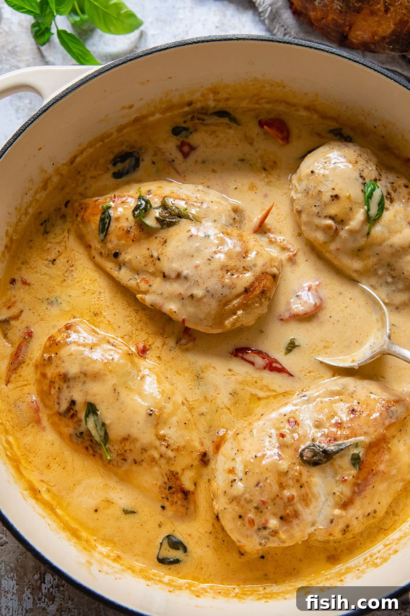 Top-down view of Marry Me Chicken, featuring golden-brown chicken breasts bathed in a luscious, creamy sun-dried tomato and Parmesan sauce, garnished with fresh basil, served in a cast iron skillet.