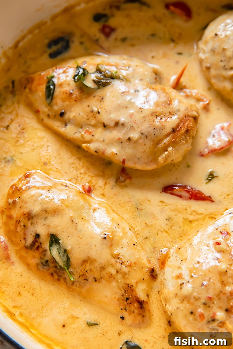 Close-up view of perfectly cooked chicken breast glistening in a rich, creamy sun-dried tomato and Parmesan sauce, ready to be served from a pan, highlighting the vibrant colors and appealing texture of Marry Me Chicken.
