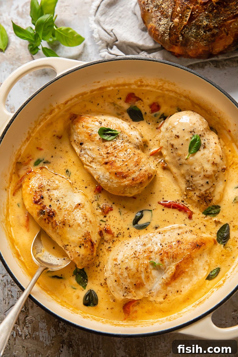 An appetizing overhead shot of Marry Me Chicken in a pan, showcasing the golden-brown chicken immersed in its rich, creamy, and vibrant sauce, accompanied by a serving spoon, inviting diners to indulge.