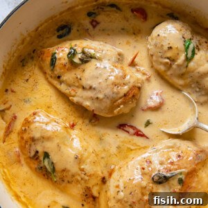 An inviting top-down shot of Marry Me Chicken in a pan, showcasing the golden chicken and luscious creamy tomato sauce, making it perfect for sharing.