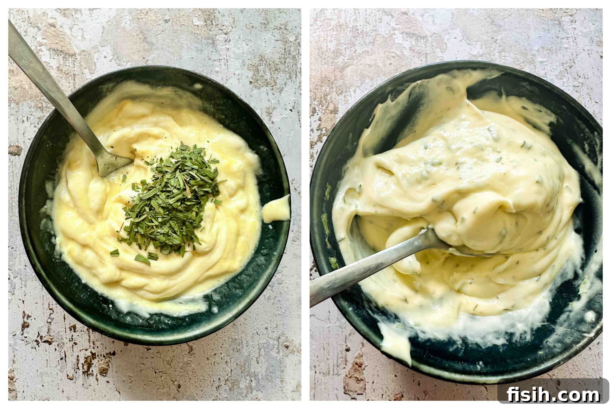 A bowl of creamy tarragon mayonnaise dressing, ready to be mixed into the macaroni and tuna salad.