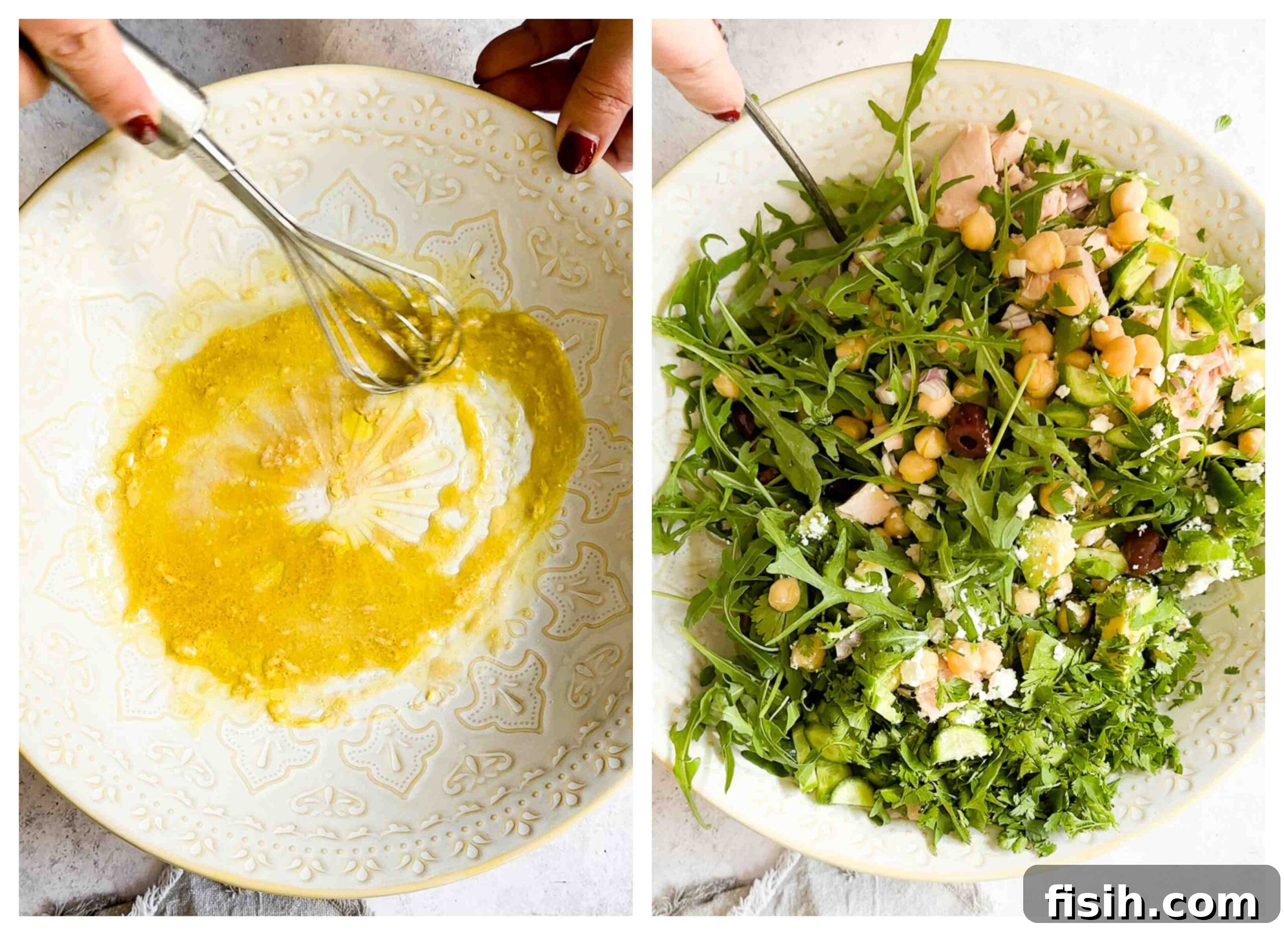 Process shot of salad ingredients being mixed together