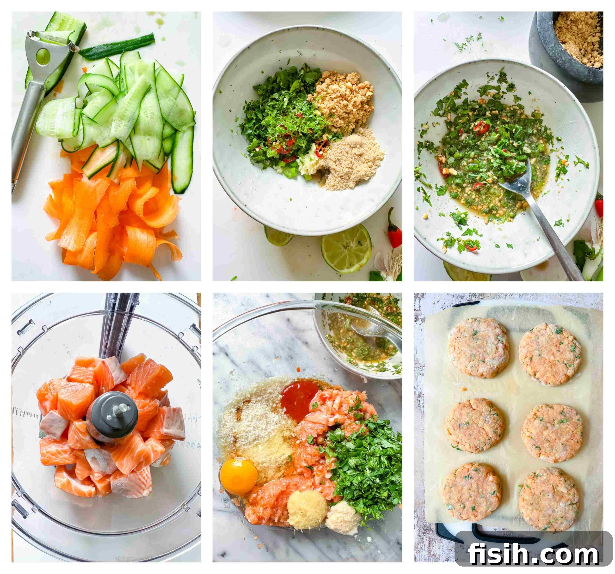 Zesty Salmon Burgers Topped with Spicy Carrot-Cucumber Slaw 4 Process images showing steps for preparing carrot cucumber slaw and forming salmon burgers