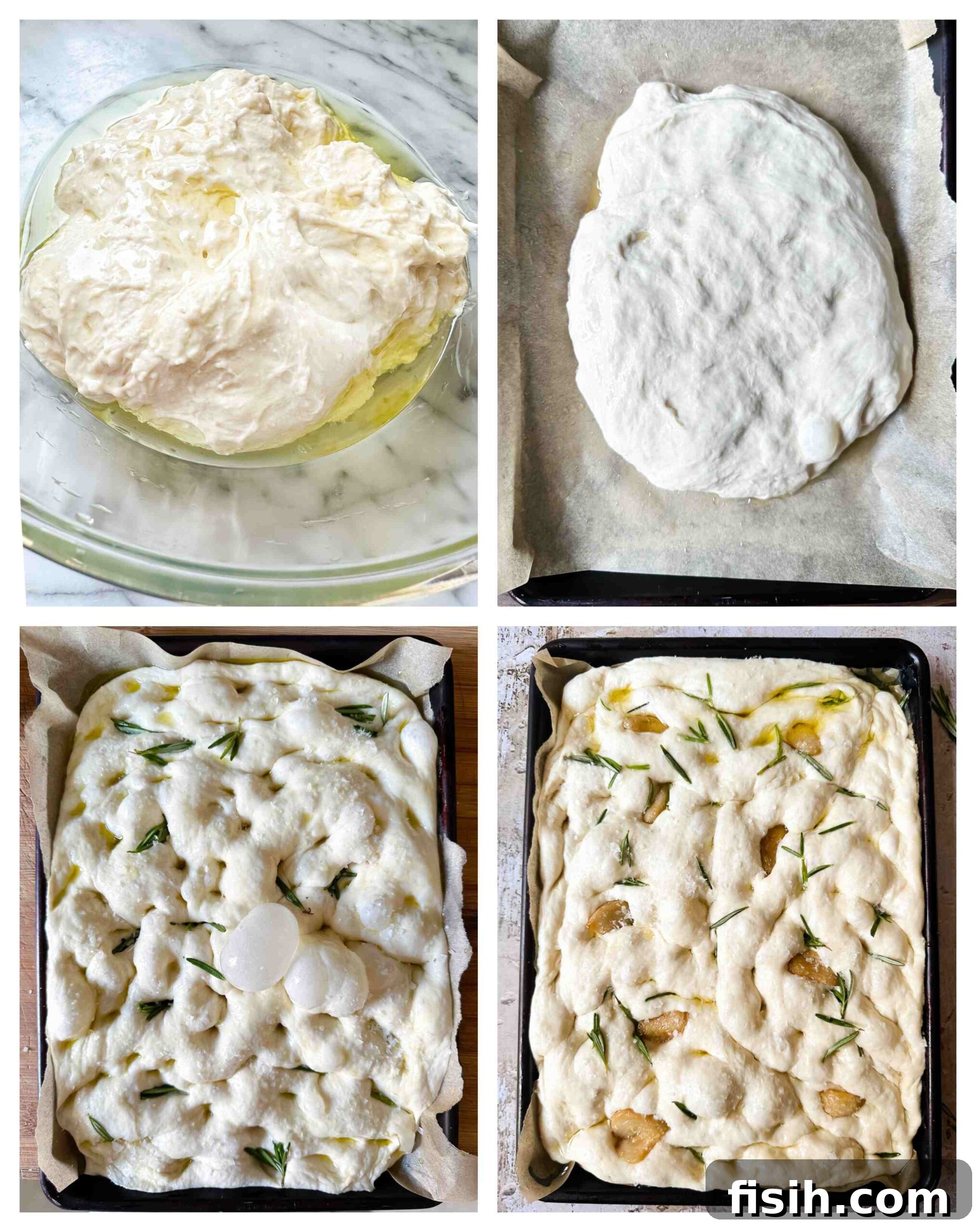 Effortless Artisan Focaccia 5 A visual collage showing the step-by-step process of making focaccia bread, from dough to final baked product.