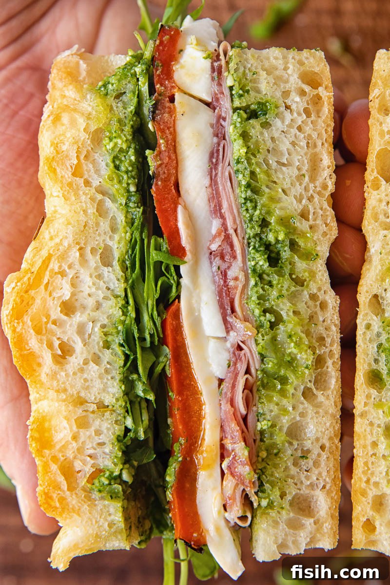 Close-up view of a perfectly layered Italian focaccia sandwich, showcasing the enticing textures of cured meats, fresh mozzarella, and greens.