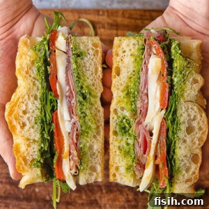 Cross-section of an Italian focaccia sandwich with deli meats and cheese