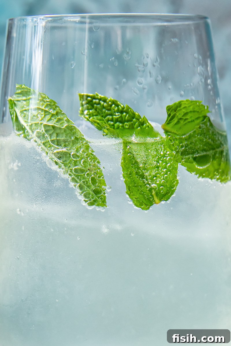 Verdant Spritz 3 Close-up of fresh mint leaves submerged in a clear glass of Mojito Spritz, highlighting the vibrant green and refreshing nature of the drink.