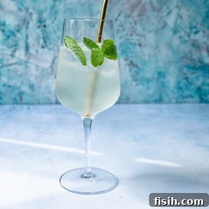Side shot of Mojito spritz in a glass with a straw and mint.