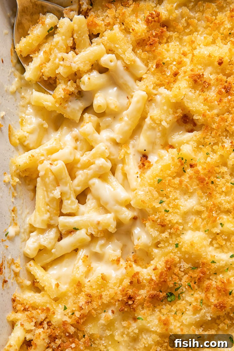 Gourmet Truffle Mac and Cheese 2 Close up view of truffle mac and cheese in a baking dish, golden and bubbly.