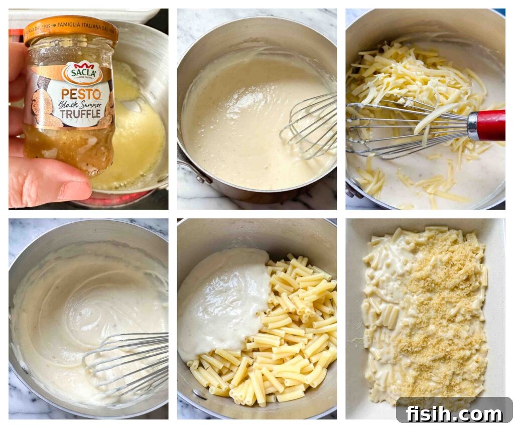 Gourmet Truffle Mac and Cheese 5 Process shots showing how to make the truffle mac and cheese sauce.