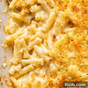 Gourmet Truffle Mac and Cheese 6 Close up view of truffle mac and cheese in a baking dish.