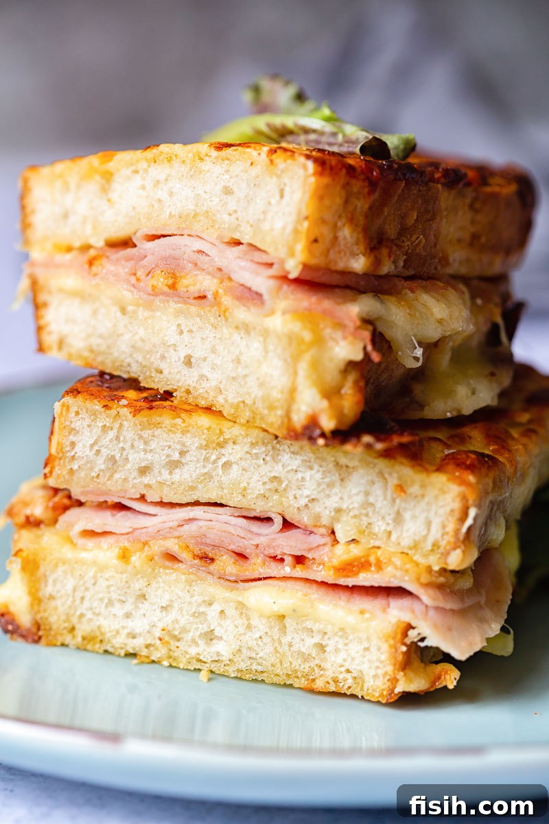 Two sliced Croque Monsieur sandwiches stacked on a plate.