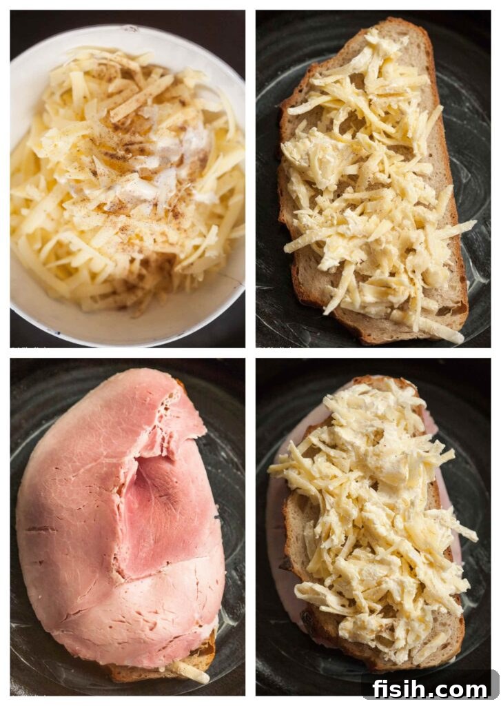 Four process shots showing how to make and layer the Croque Monsieur sandwich.