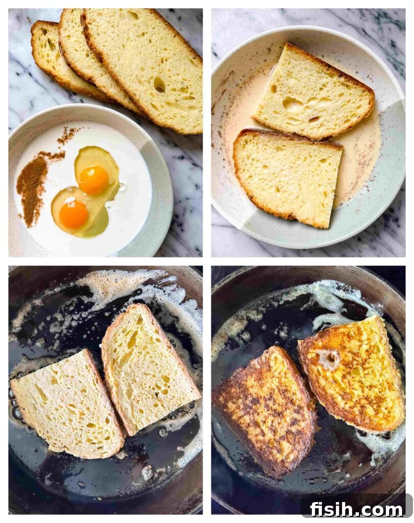 Process shot showing a thick slice of sourdough bread being dipped into the French toast egg mixture, ready for cooking in a hot pan.