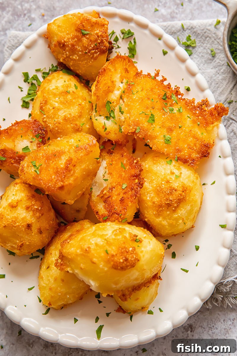 Close up shot of golden Parmesan crusted potatoes, perfectly roasted with a crispy exterior, ready to be served.