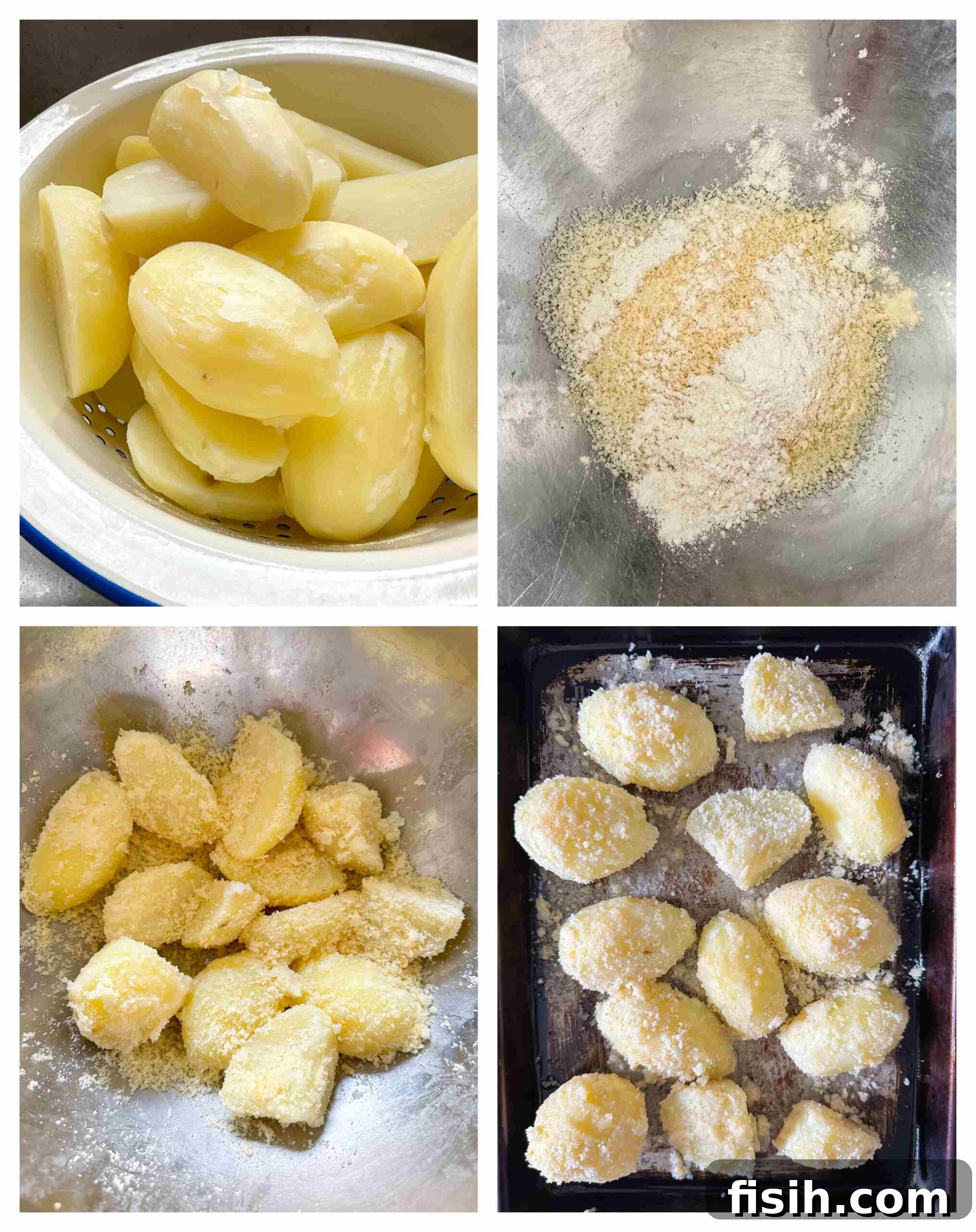 Process shot showing peeled and par-boiled potatoes being tossed with garlic powder, Parmesan cheese, flour, and salt in a mixing bowl for seasoning.
