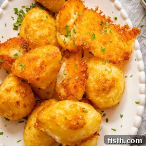 Close up shot of golden Parmesan crusted potatoes on a serving dish, showcasing their crispy texture and delicious cheese crust.