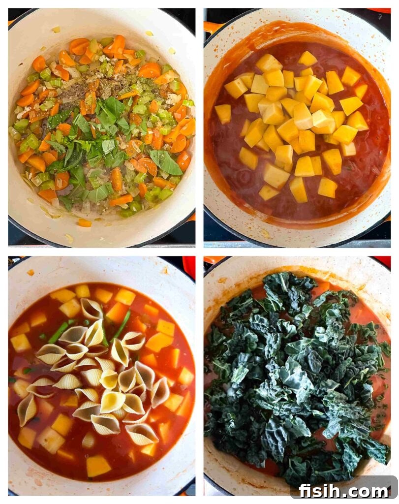 Four process shots arranged in a grid, showing the chronological order of adding ingredients to a pot to make minestrone soup.