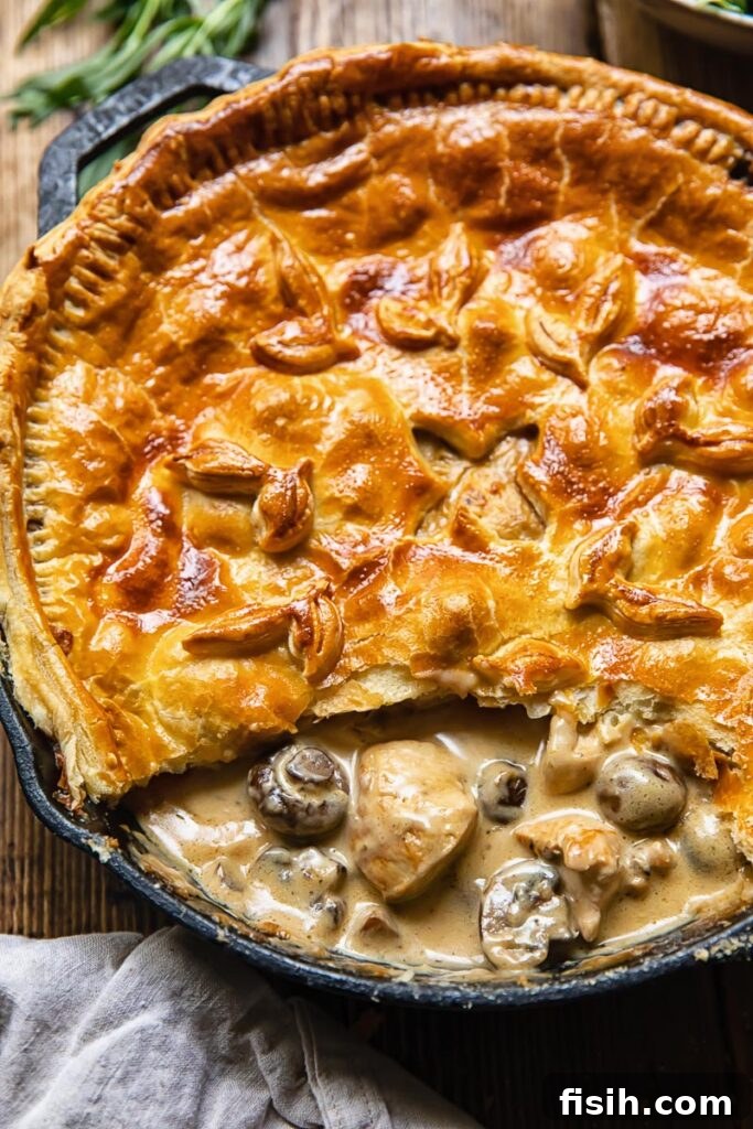 Savory Woodland Bake 2 Chicken and mushroom pie with one slice removed