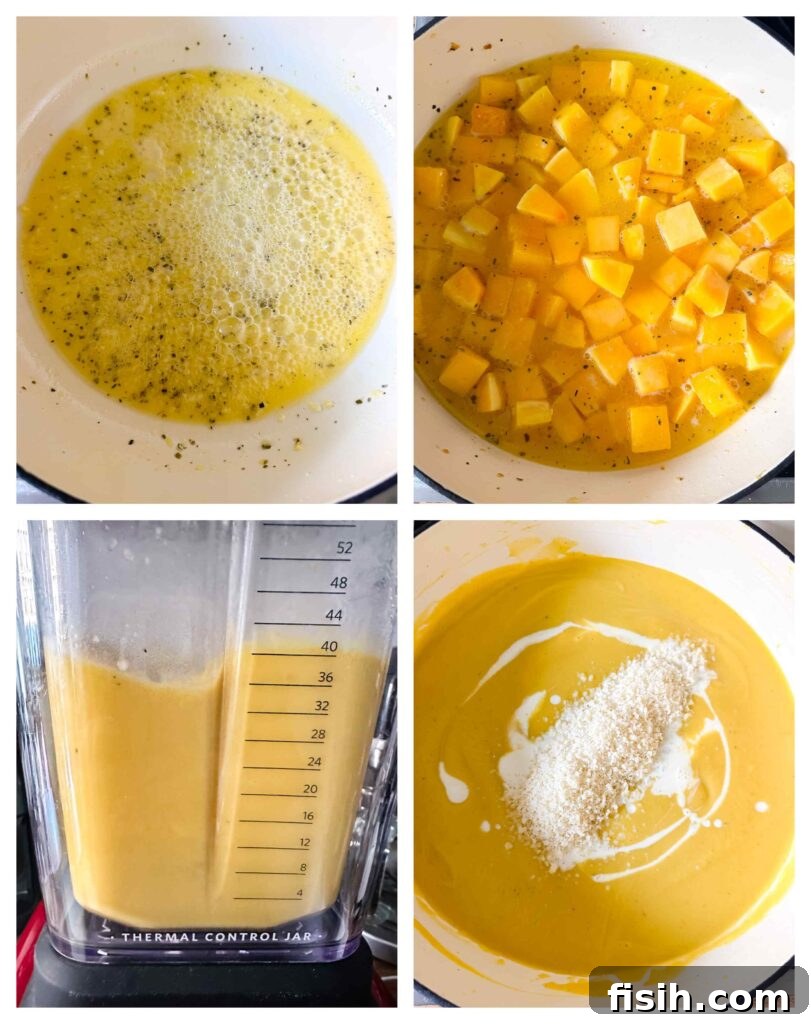 Four sequential process shots illustrating the steps to prepare butternut squash ravioli sauce, from sautéing to blending.