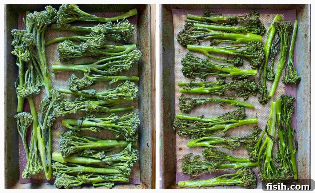 Golden Roasted Tenderstem Broccoli with Zesty Lemon Garlic Vinaigrette 4 Two process shots showing rows of Tenderstem broccoli on a baking tray