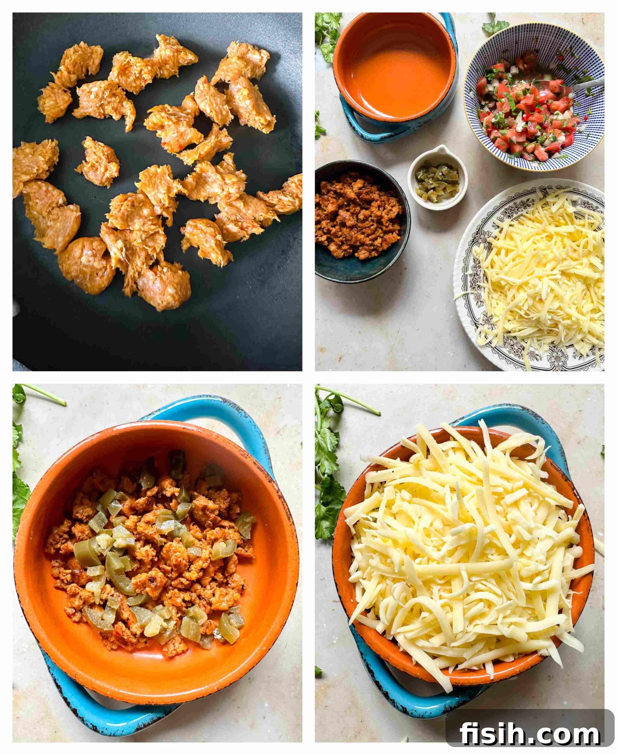 A sequence of four process shots demonstrating how to layer chorizo, jalapeños, and cheese to assemble Queso Fundido.