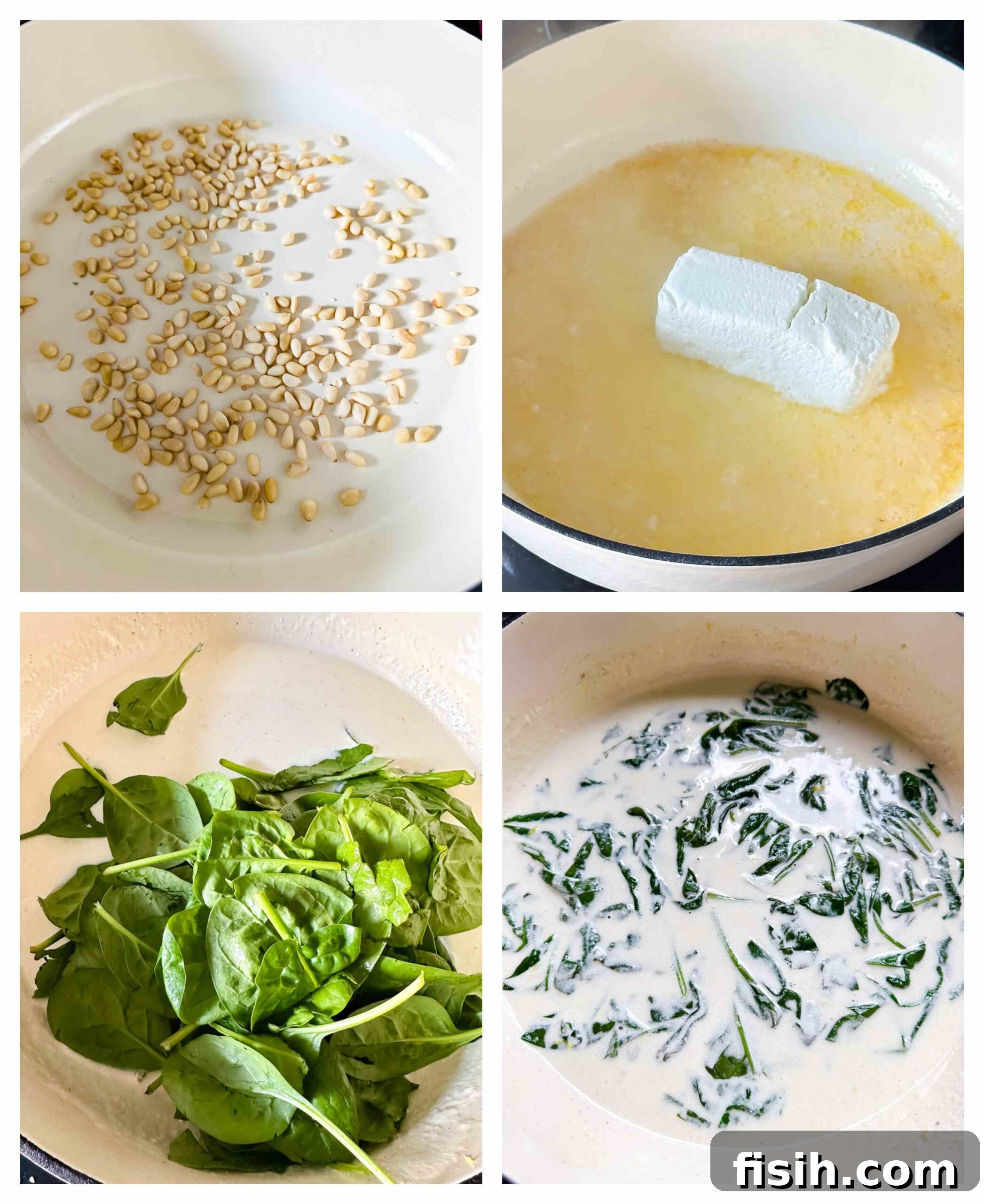 A sequence of images detailing the step-by-step process of preparing the creamy goat cheese pasta sauce.