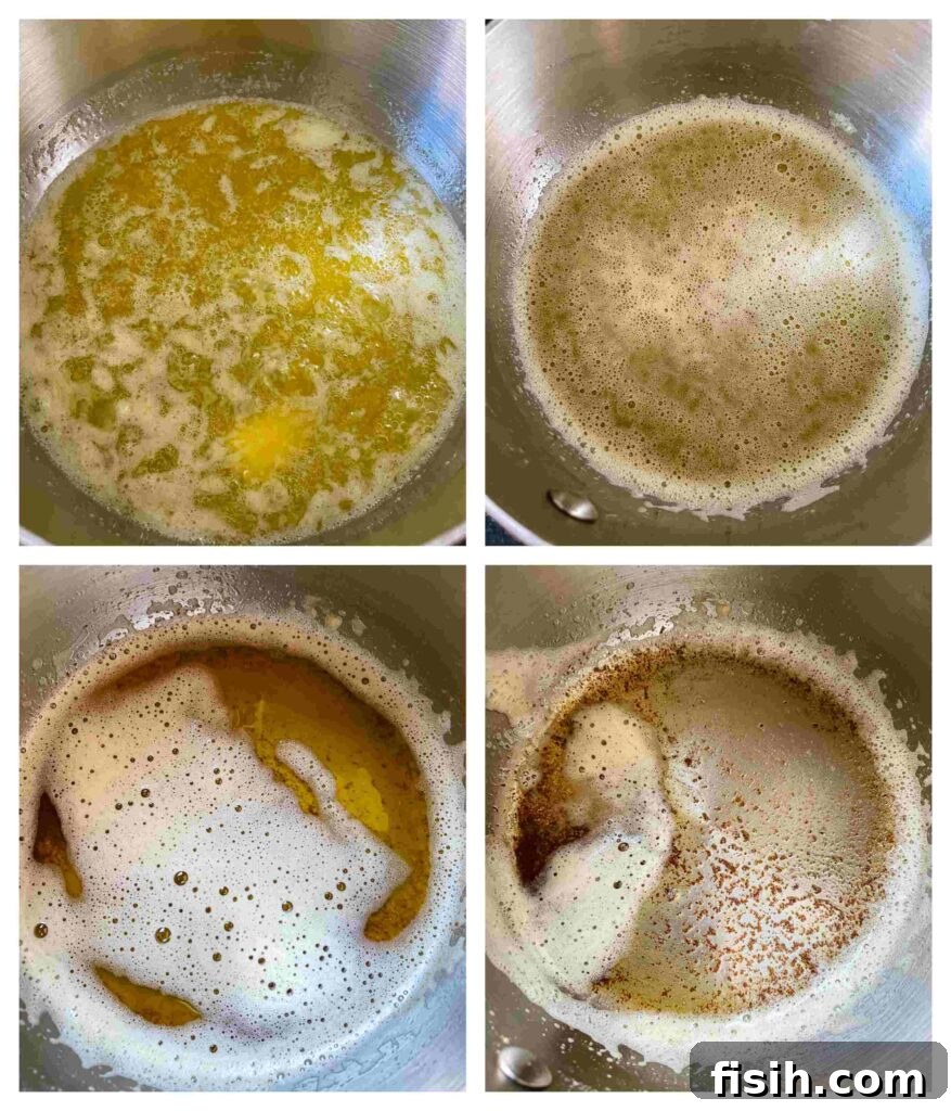 Four process shots showing how to brown the butter in a saucepan