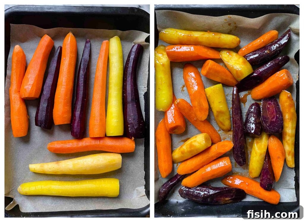 Umami Glazed Carrots 3 Two shots of carrots on a baking tray, one with glaze