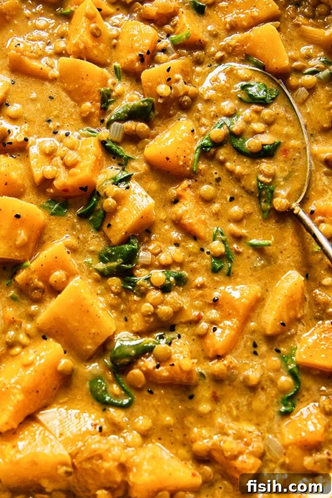 Close-up view of the rich, vibrant texture of vegan coconut lentil curry in a bowl, showcasing the lentils and butternut squash.