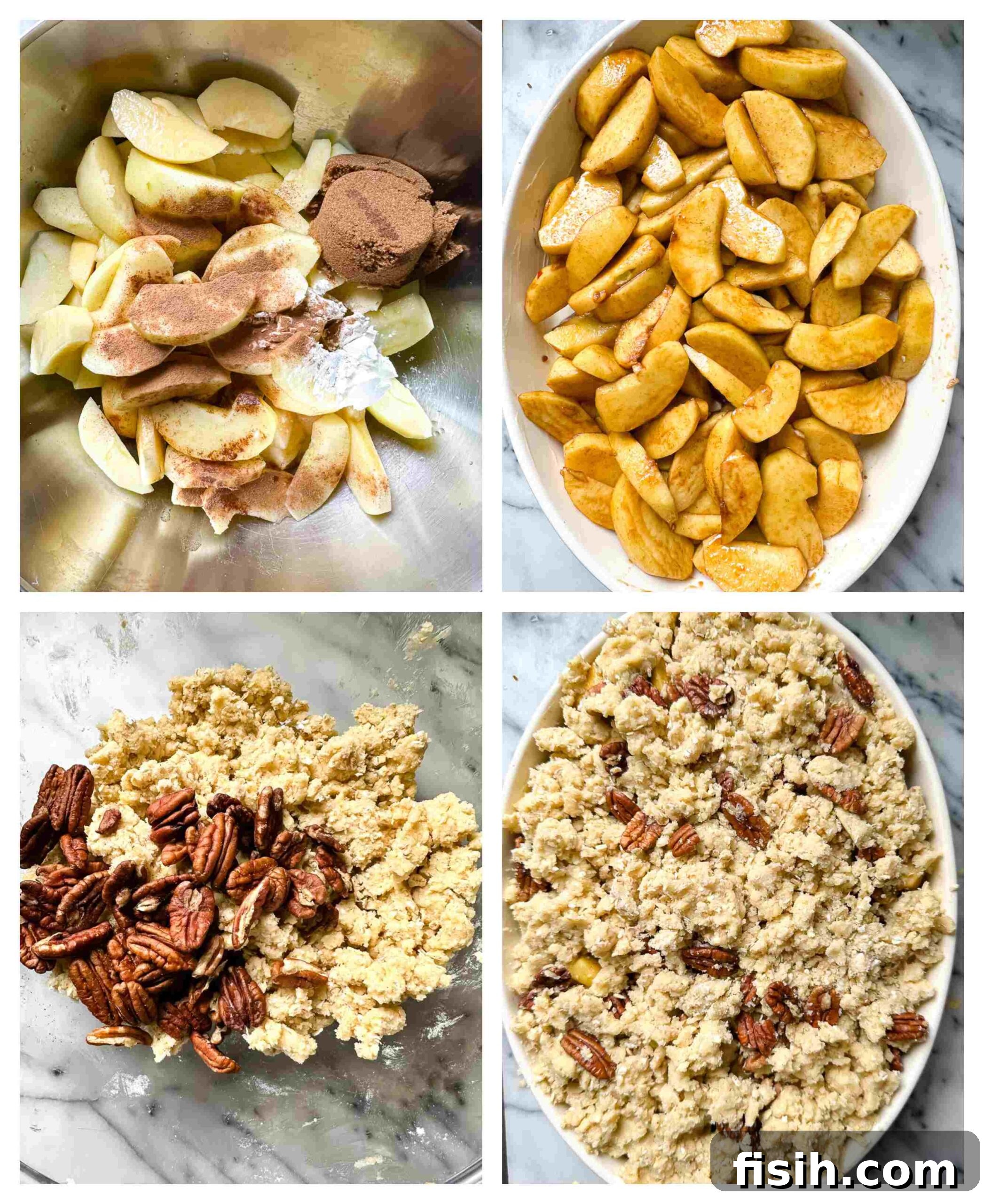 Effortless Apple Crisp from Scratch 6 A collage of process shots showing sliced apples tossed with spices and sugar, and the streusel topping being prepared.