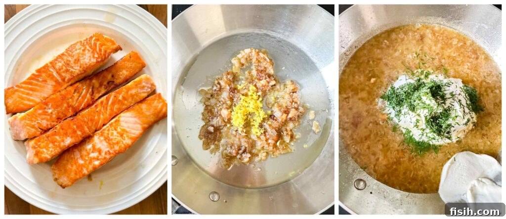 Sunshine Salmon with Dill Zest 3 Process shots of salmon with lemon dill sauce being prepared