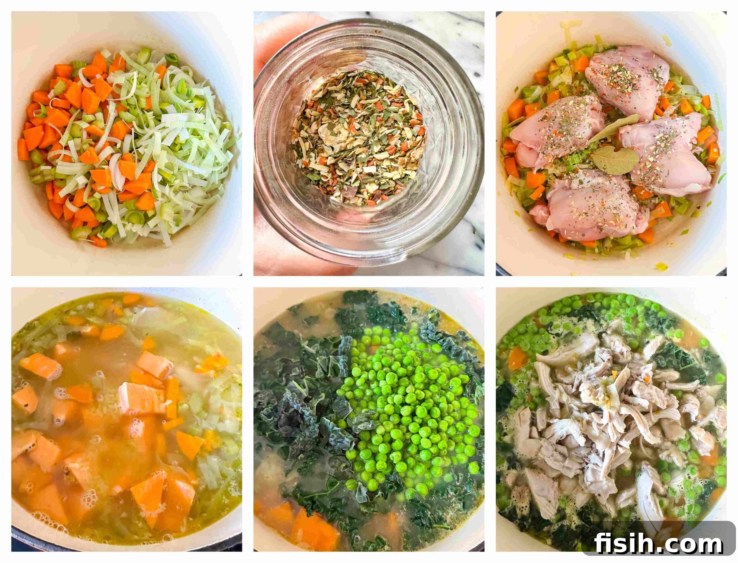 A collage of process shots showing fresh ingredients like diced chicken, chopped carrots, celery, and leeks, and the simmering broth, illustrating the step-by-step preparation of homemade chicken vegetable orzo soup.