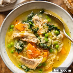 Top-down view of a delicious bowl of homemade chicken vegetable orzo soup, garnished with fresh parsley and black pepper.