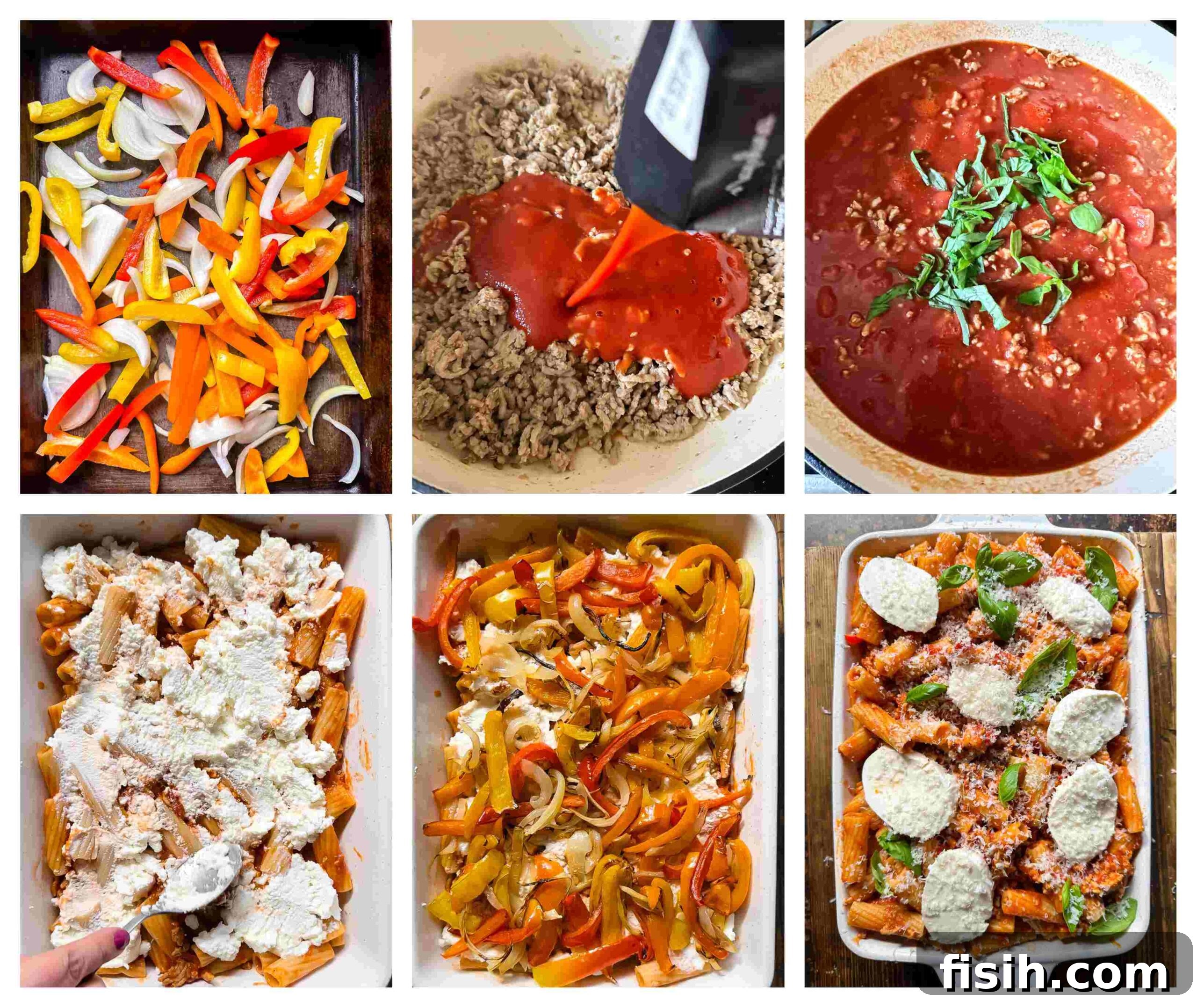 Process shots of tomato-based sauce being prepared and Pasta al Forno being made