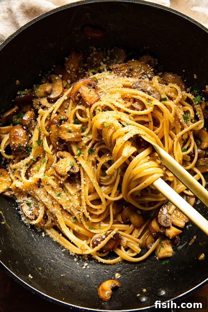 Plant-Based Mushroom Carbonara 3 Top down of mushroom carbonara in a pan